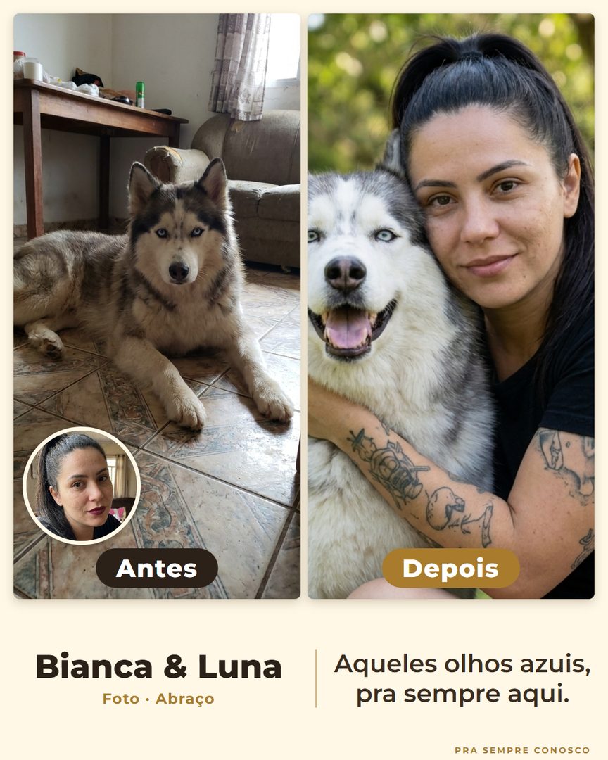Antes e depois: Bianca e a husky Luna, abraço