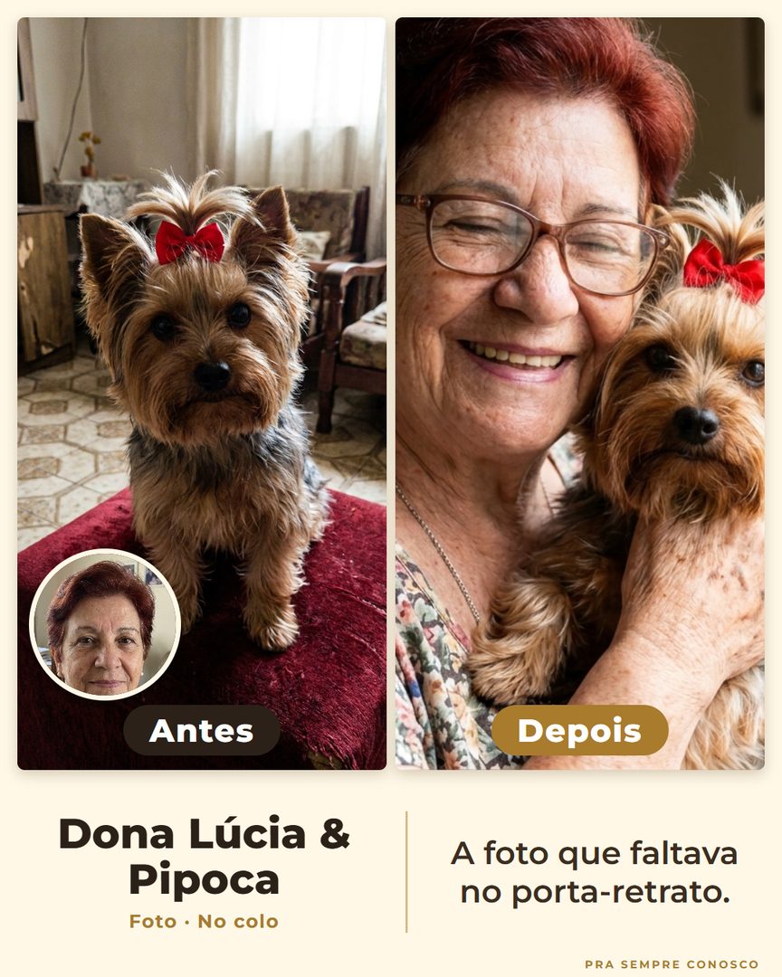 Antes e depois: Dona Lúcia e a yorkshire Pipoca, no colo