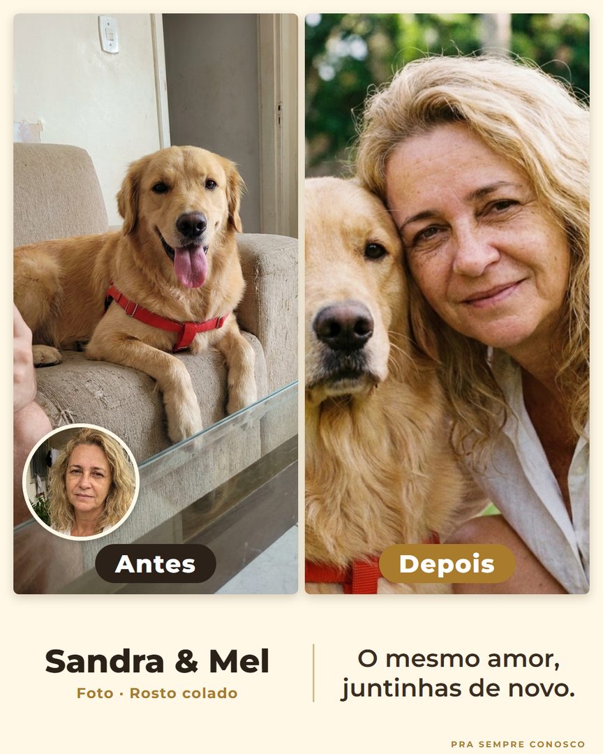 Antes e depois: Sandra e a golden Mel, rosto colado