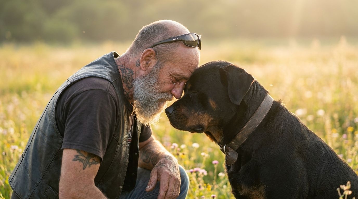 Homem tatuado encostando a testa na testa do seu rottweiler, num campo dourado ao entardecer