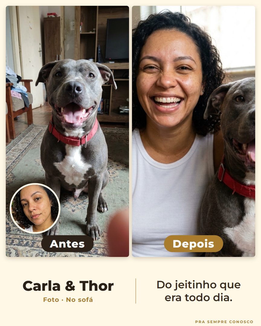 Antes e depois: Carla e o pit bull Thor, no sofá