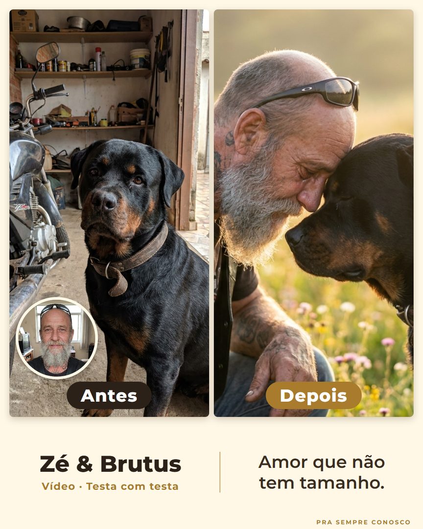 Antes e depois: Zé e o rottweiler Brutus, testa com testa