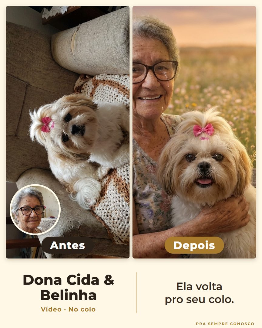 Antes e depois: Dona Cida e a shih-tzu Belinha, no colo